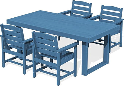 SERWALL HDPE Outdoor Dining Set for 4, 67'' All Weather Patio Dining Table and Chairs Set for Deck, Lawn, Blue