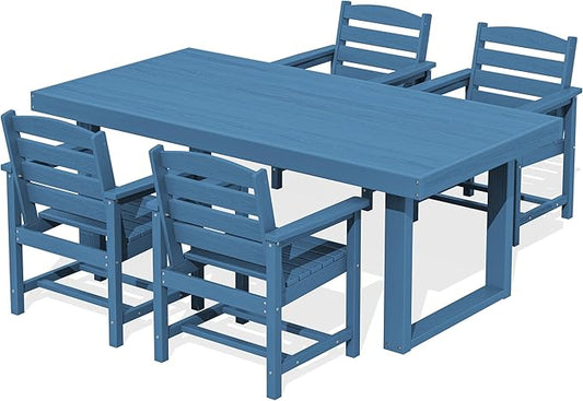 SERWALL HDPE Outdoor Dining Set for 4, 67'' All Weather Patio Dining Table and Chairs Set for Deck, Lawn, Blue