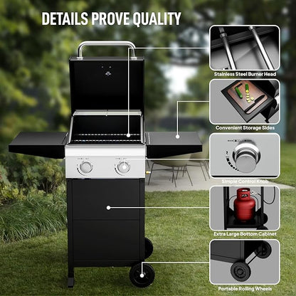 ROVSUN 2-Burner Propane Gas BBQ Grill with Foldable Side Tables & Enameled Cast Iron Grates, 24,000 BTU Barbecue Grill with Portable Wheels for Outdoor Patio Backyard Cooking Grilling, Black