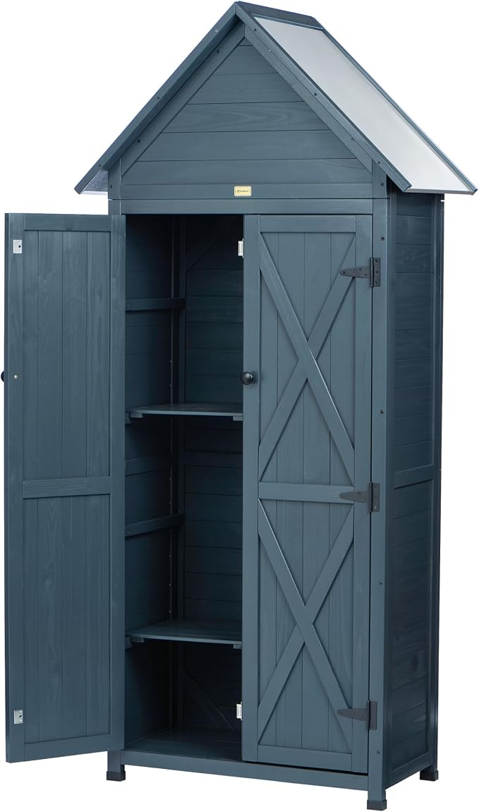 Outdoor Storage Shed with Floor & Adjustable Shelves, Wooden Garden Tool by HABAU