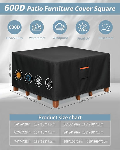 Outdoor Waterproof Furniture Cover, 62W x 62L x 28H inches Heavy Duty 600D Square Table and Chair Set Protection, Black