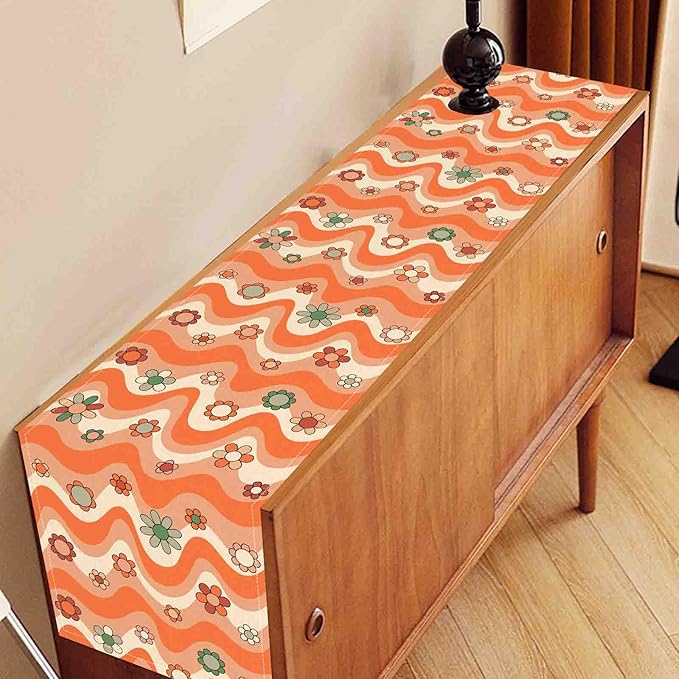 70s Table Runner, Retro Groovy Hippie Daisy Floral Orange Wave Funky Trippy Coffee Table Center Decor for Home Kitchen Dining Patio Holiday Party Indoor Outdoor Table Decorations, 13"x90" Inch
