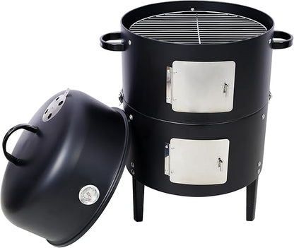 17 Inch Charcoal Smoker Grill, Heavy Duty Vertical BBQ Smoker with Thermometer, Dual Access Doors, Adjustable Air Vent, Outdoor Steel Grill for Smoking & Grilling