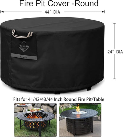 QH.HOME Fire Pit Cover Round Super Waterproof, 44" D X 24" H Outdoor Round Firepit Cover 600D Strong Tear Resistant, UPF 50+ Fire Pit Covers Premium Fading Resistant for Outdoor Fire Pit - Black