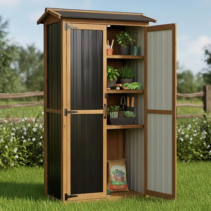 Ketive Outdoor Storage Cabinet, Wood & Metal Garden Cabinet - Image 2