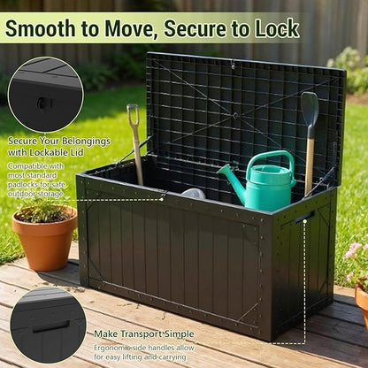 100 Gallon Resin Deck Box, Waterproof Outdoor Storage Box for Patio Furniture, Garden Tools, and Pool Accessories, Lockable UV-Resistant Storage Bin Bench Cabinet for Outside, Black