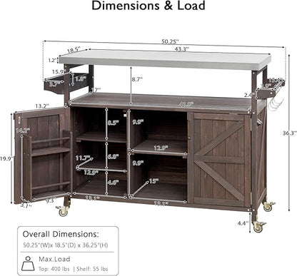 Rolling Cart ，Storage Cabinet, Grill Table ，Artificial Board，with Stainless Steel Top, Internal Storage Racks，Spice Rack, Towel Rack ， Kitchen ，Barbecue, Outdoor