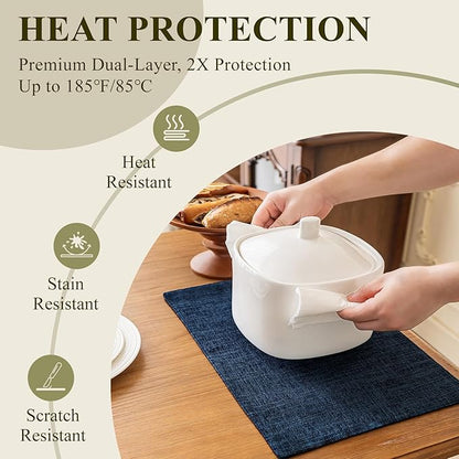 KXN Placemats Set of 6, Dual-Layer Thickened Faux Linen Table Mats, Heat Resistant & Wrinkle-Free, Machine Washable Cloth Place Mats for Kitchen Dining Indoor Outdoor (Navy Blue)