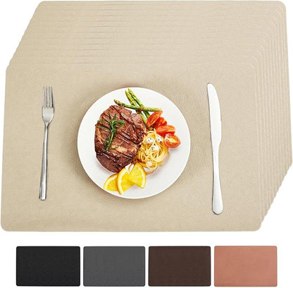 Vinyl Placemats Set of 12 Heat Resistant Easy Clean Non-Slip Place Mats for Dining Table. Faux Leather Waterproof Stain Resistant Wipeable Washable PU Table Mats(12, Beige)