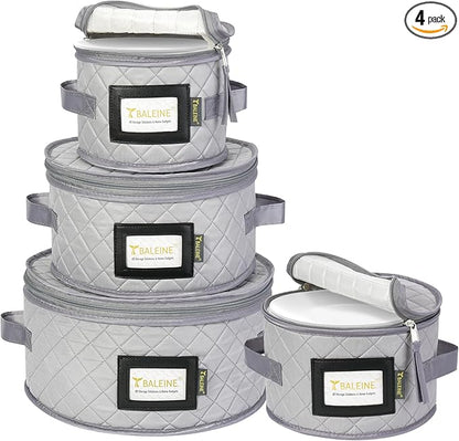 BALEINE China Storage Containers, Sturdy Quilted Wine Glass Storage, Plate Organizer with Carry Handles, Moving Boxes for Dishes, Cups, Mugs and Stemware (Plate Set, Soft Shell Grey)