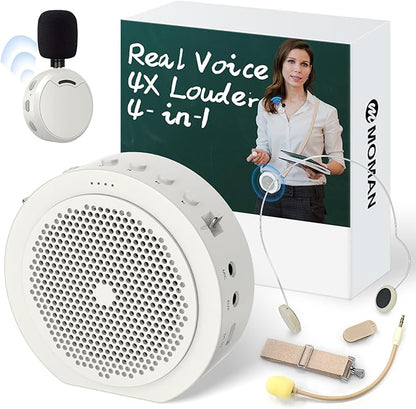 Moman Wireless Voice Amplifier with Lavalier Mic, 20H Battery 164ft Range Sensitive Pickup Noise Reduction PA System Bluetooth Portable Magnetic Charging Dock, Amplifier for Teacher Yoga Tour, White