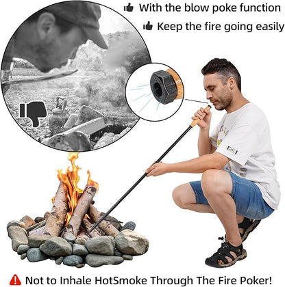 Fire Poker for Fire Pit Outdoor, 38 Inch Extra Long Iron Campfire Poker, 3 Part Assembled Fireplace Poker with Blower Poke and Wooden Handle for Indoor Wood Stove, Outdoor Camping, Bonfires