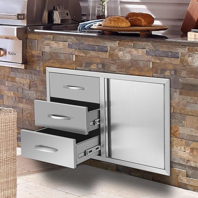 Outdoor Kitchen Drawer Combo, Stainless Steel Triple Drawers & 2 Trash Can Drawers,Enclosed Built-in Drawer Flush Mount For Outdoor Kitchens & BBQ Islands ﻿ ﻿,G3