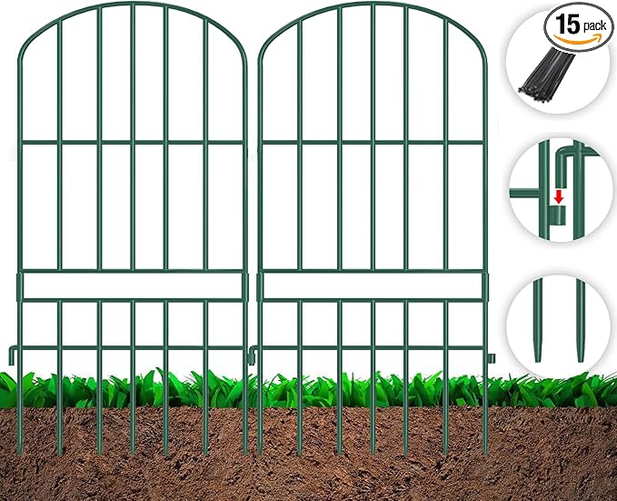 Adavin Animal Barrier Garden Fence,15 Pack Green 12''L x 25" H no dig Fence, Underground dig Protection for Dog Rabbits Rustproof Metal Wire Panel Border, 15 ft Ground Stakes for Outdoor Patio