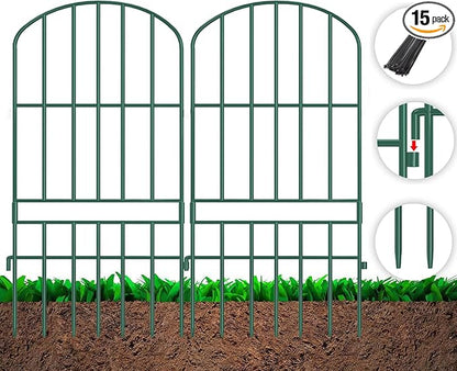 Adavin Animal Barrier Garden Fence,15 Pack Green 12''L x 25" H no dig Fence, Underground dig Protection for Dog Rabbits Rustproof Metal Wire Panel Border, 15 ft Ground Stakes for Outdoor Patio