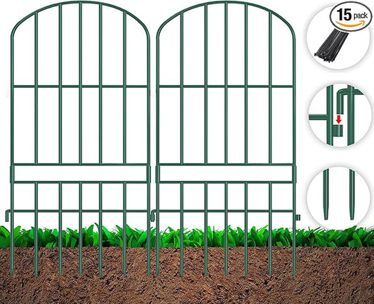 Adavin Animal Barrier Garden Fence,15 Pack Green 12''L x 25" H no dig Fence, Underground dig Protection for Dog Rabbits Rustproof Metal Wire Panel Border, 15 ft Ground Stakes for Outdoor Patio