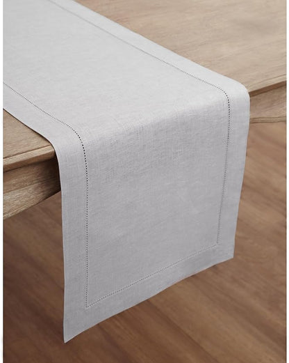 Solino Home Linen Soft Grey Table Runner 36 Inches - Classic Hemstitch, 100% Pure Linen Coffee Table Runner 14 x 36 Inch Ideal for Dresser Tables - Winter, Spring, Easter