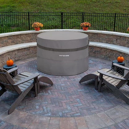 Grey Round Fire Pit Cover Outoor 36 inch Dia Waterproof Patio Deck Propane Fire Bowl Cover 600D Heavy Duty All Weather Resistant