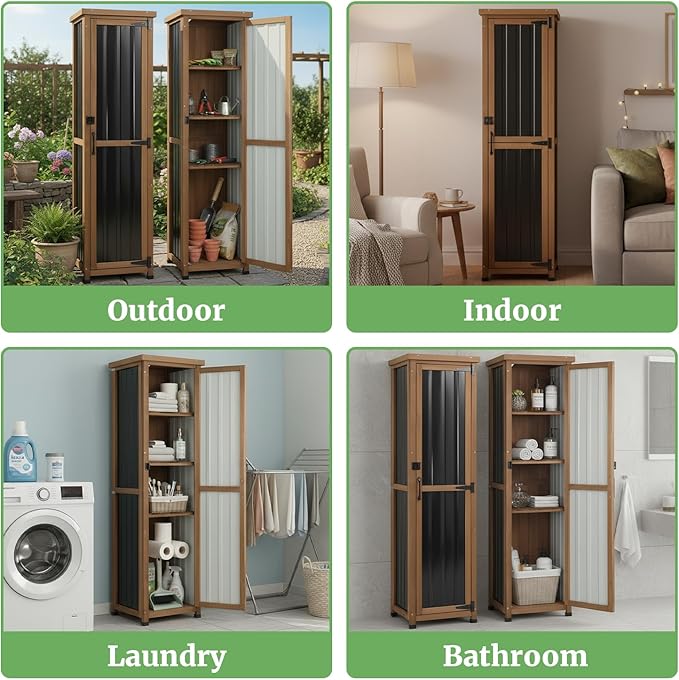 PetsCosset 62" H Narrow Outdoor Storage Cabinet with Metal Top, Outdoor Indoor Storage Cabinet Waterproof with Adjustable Shelves for Corner, Patio, Garden, Porch, Laundry Room or Entryway Storage