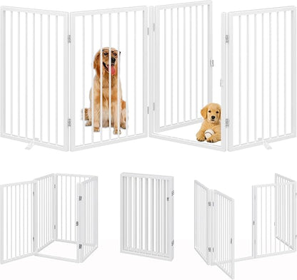 Vantas Folding No-Assembly Metal Pet Gate 80" Wide, 32" Extra Tall Dog Gate with Door Walk Through, Freestanding Accordion Puppy Gate Dog Door for Indoor & Outdoor, with 2PCS Support - White