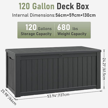 Outdoor Storage Box, 120 Gallon Deck Box, Resin Waterproof Outside Storage Bench, Outdoor Storage Cabinet With Lockable Lid, Backyard Deck Box For Garden Tools, Patio Cushions, Pool Accessories