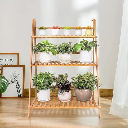 Ufine Bamboo Ladder Plant Stand 3 Tier Foldable Flower Pot Display Shelf | - Image 3