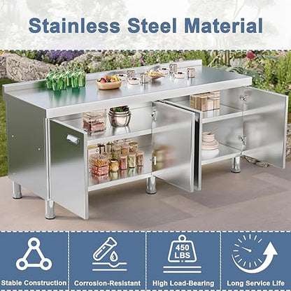 KINGBO 66.9" Stainless Steel Table Cabinet Heavy Duty Prep Table with 304 Stainless Steel Worktop Commercial Worktable Workbench with Storage Cabinet for Kitchen Garage Restaurant Outdoor
