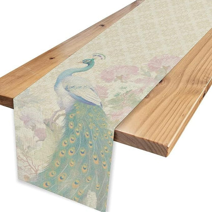 Peacock Table Runner,Rustic Traditional Chinese Style Watercolor Peacock Pink Flora Elegant Table Center Decor for Family Kitchen Table Decorations Indoor Outdoor, 13"x108"