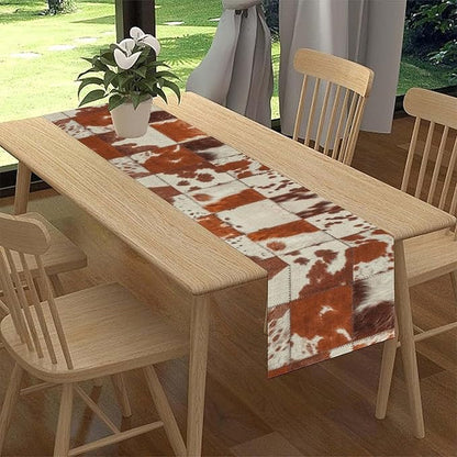 Cow Print Table Runner, Brown Cowhide Print Collage Fur Western Style Table Runner Country Farmhouse Cottage Cow Pattern Linen Table Decoration for Home Kitchen Dining 13x36