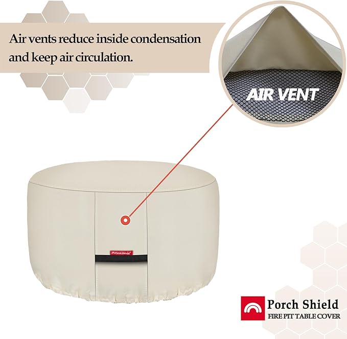 Porch Shield Fire Pit Cover - Waterproof 600D Heavy Duty Fade Resistant Round Patio Fire Bowl Cover Beige - 32 inch