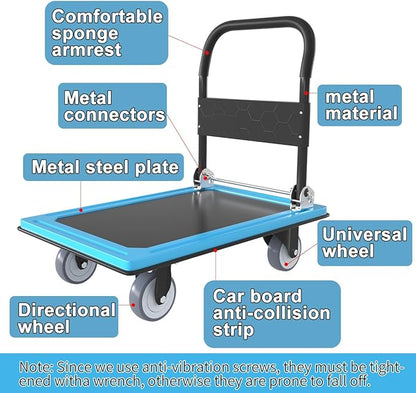 WUD Push Cart, Folding Mobile Platform Trolley,Thickened and Reinforced, 360° Swivel Wheels,30.3 “L x 19.7 ”W, 900 lb.Blue Dolly cart with Wheels