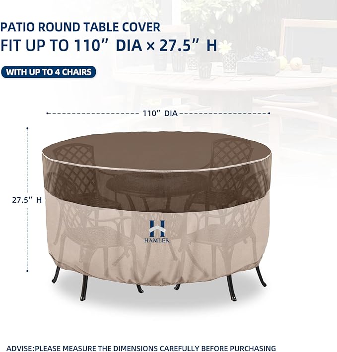 HAMLER Round Outdoor Table Cover, Heavy Duty Outdoor Table Chair Set Covers with Air Vents and Handles, Patio Table Cover Fits up to 110" D x 27.5" H, Brown & Beige