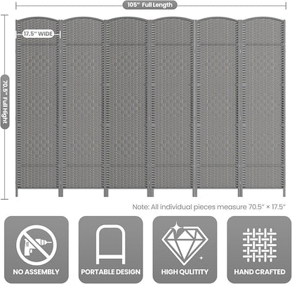Folding Room Divider, Weave Fiber Privacy Screen, Extra Wide Room Screen Divider Separator, Decorative Separation Wall Divider, Freestanding Room (Grey, 6-Panel)