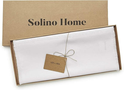 Solino Home Linen White Table Runner 36 Inches - Fringe, 100% Pure Linen Short Table Runner 14 x 36 Inch Ideal for Dresser and Coffee Tables - Winter, Valentines, Spring, Easter