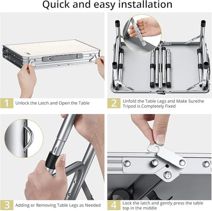 Anbte Folding Camping Table, Aluminum 24" x 16" Adjustable Height Small Folding Table with Carrying Handle, Lightweight, Portable Camping Table Waterproof for Outdoor Indoor Picnic Beach BBQ, Silver