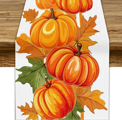 Fall Pumpkin Table Runner, Autumn Orange Maple Leaves Print Table Runner for Thanksgiving Harvest Holiday Indoor Outdoor Table Decoration, 13x108inch