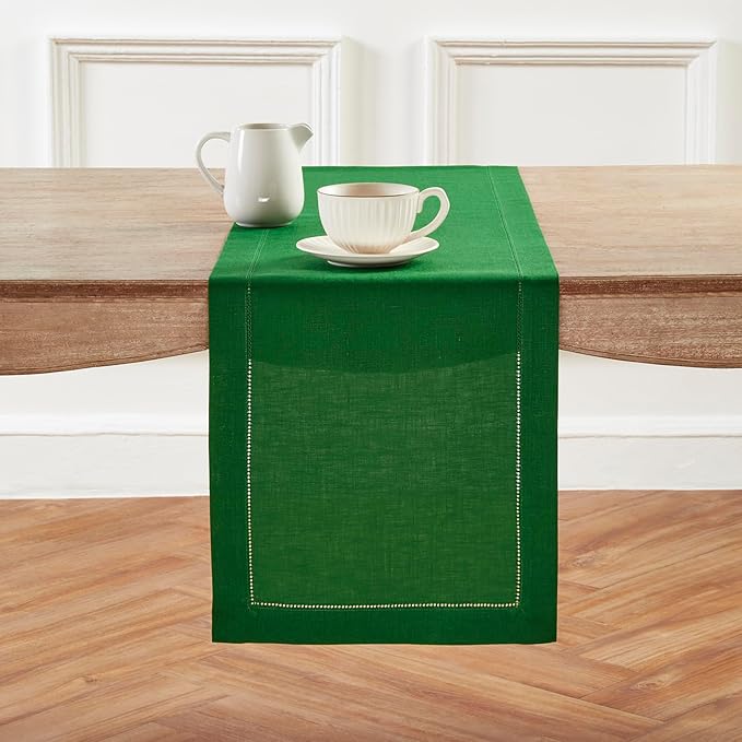 Solino Home Linen Garden Green Table Runner 144 Inches Long - 100% Pure Linen Extra Long Table Runner 14 x 144 Inch for Winter, St Patricks Day, Easter - Classic Hemstitch