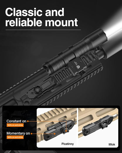 TOUGHSOUL Mlok Picatinny Tactical Flashlight 1250 Lumens, Rechargeable Flashlight with Remote Pressure Switch LED Light with Rechargeable Batteries and Charger Included (Picatinny Mounted)