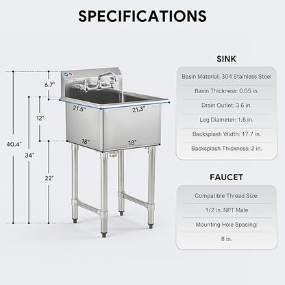 WILPREP 1-Compartment Sink, 18x18x12 in. Kitchen Sink with Strainer X-Shaped Guides Backsplash, Freestanding Single Bowl Utility Sink, Work Station Sink for Garage Kitchen Laundry Room Pet Salon