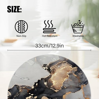 Round Placemats Set of 4,Grey-Gold Marble Ding Table Placemat Easy to Clean Heat-Resistant Waterproof Non-Slip Place Mats Kitchen Decor for Housewarming Gift,13inch