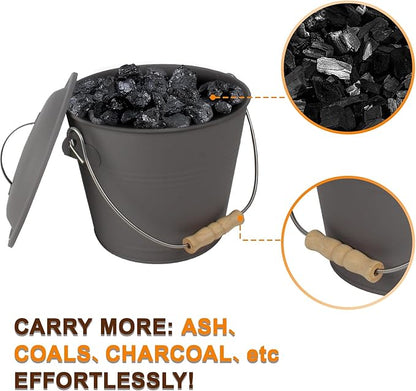BRIAN & DANY Mini Ash Bucket with Lid and Shovel, 1.3 Gallon Fireplace Metal Bucket with Broom, Coal Bucket Ash Can for Fireplace, Ashes, Fire Pit, Wood Burning Stove, Grey