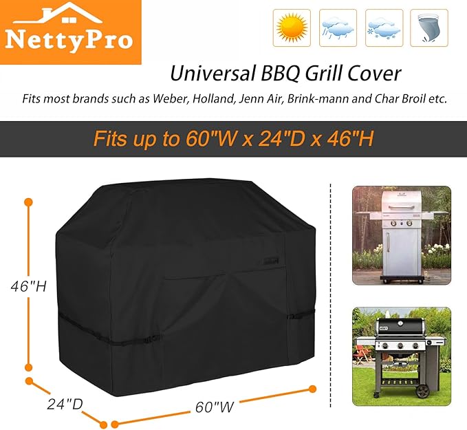 NettyPro Grill Cover for Outdoor Grill 60 inch Waterproof Heavy Duty Gas BBQ Cover for Outside Weber, Char-Broil, Brinkmann, Jenn Air, Nexgrill 3-4 Burners Barbecue, Black