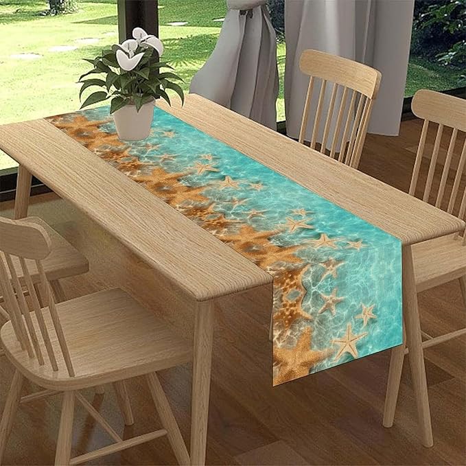 Summer Ocean Table Runner, Nautical Coastal Starfish Beach Seashell Ocean Seasonal Coffee Table Center Decor for Home Kitchen Dining Patio Holiday Party Table Decorations 13"x36"