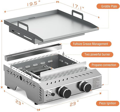 Portable 2 Burner Flat Top Grill, 23" Table Top Gas with Handle, 333 Sq. In. Cooking Area, 16000 BTU Outdoor Griddle for Kitchen, BBQ, Camping, Stainless Steel