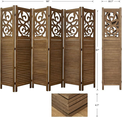 Room Divider Wood Carved Wall Divider Indoor Folding Portable Partition Screen for Home Office Garden Terrace - 6 Panel, 67 * 90inch (Dark Brown)