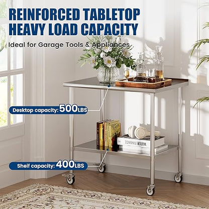 Stainless Steel Work Table with Wheels, 30x48 Inch NSF Food Prep Table with Backsplash & Adjustable Undershelf for Kitchen, Restaurant, Garage