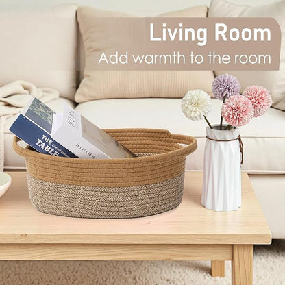 Woven Basket,Small Rope Storage Bin with Handles & Ribbon Bag, Organizer for Shelves Closets,Gift Basket Empty for Birthday,Books,Dog Toys, Jute&Brown/3 Pack