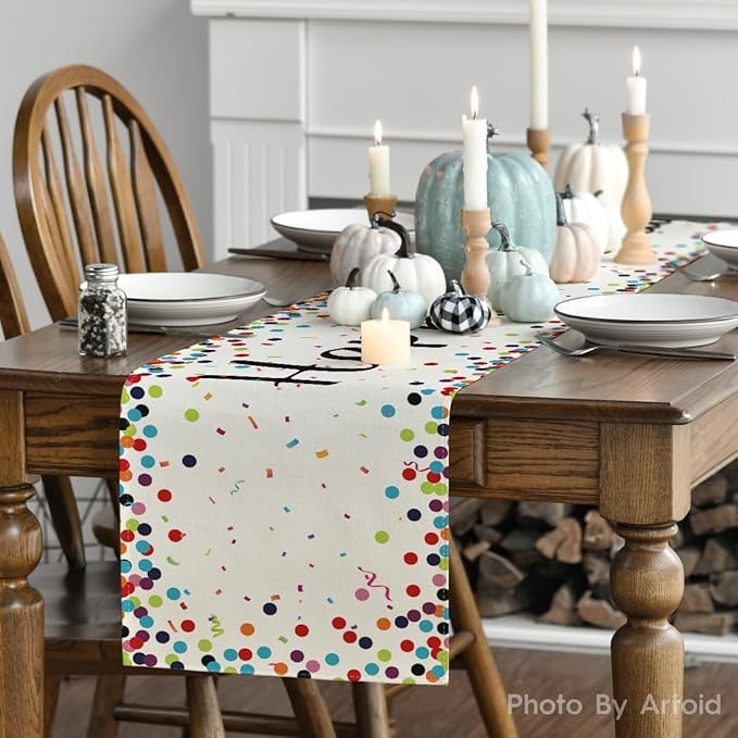 Artoid Mode Polka Dot Beige Happy Birthday Table Runner, Seasonal Kitchen Dining Table Decoration for Home Party Decor 13x90 Inch