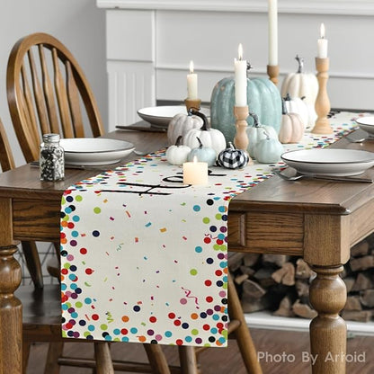 Artoid Mode Polka Dot Beige Happy Birthday Table Runner, Seasonal Kitchen Dining Table Decoration for Home Party Decor 13x48 Inch