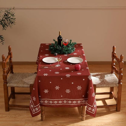 ISAENNE Designer Christmas Red Small Rectangular Tablecloth,Linen Table Cloth with Snowflakes Pattern,Wrinkle Resistant Decor Tablecloths for Dining Kitchen Thanksgiving Christmas,55"*71"-Carol C
